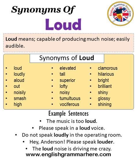 Learn how to use loud in different contexts and how it contrasts with similar words like earsplitting, raucous, and stentorian. . Loud synonym